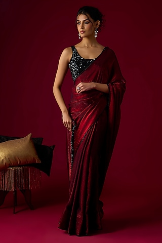 Deep Burgundy Silk Tissue Saree Set by Rayasha Khan