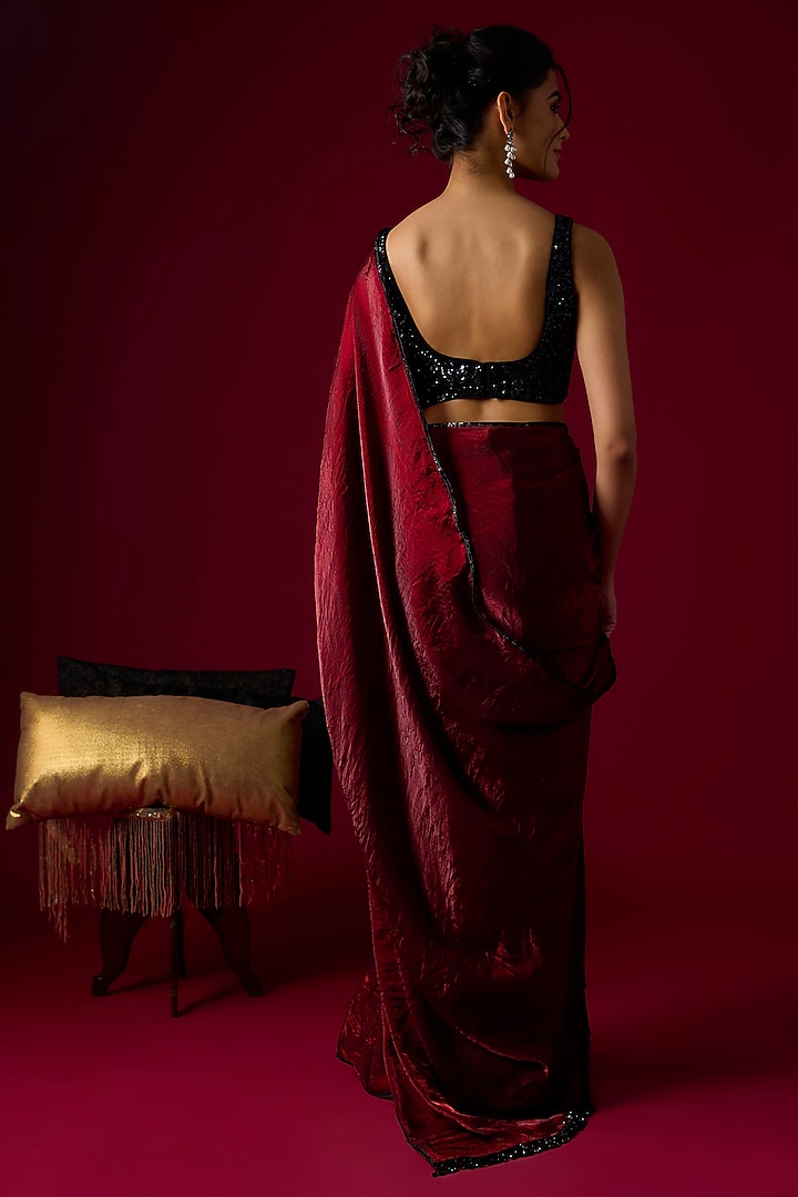 Deep Burgundy Silk Tissue Party Wear Saree Set by Rayasha Khan at Pernia's Pop Up Shop
