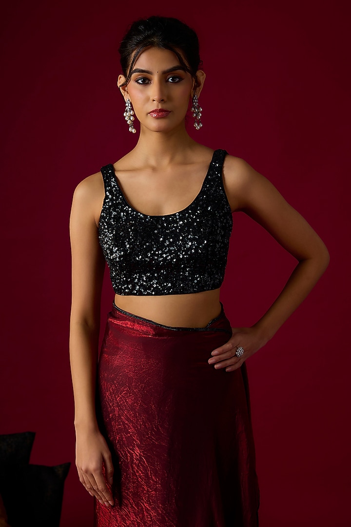 Deep Burgundy Silk Tissue Party Wear Saree Set by Rayasha Khan at Pernia's Pop Up Shop