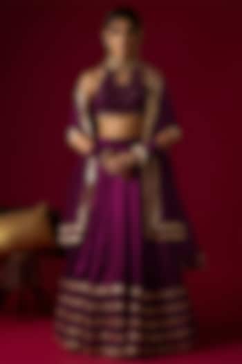 Violet Russian Silk Satin Hand Embroidered Wedding Lehenga Set by Rayasha Khan at Pernia's Pop Up Shop