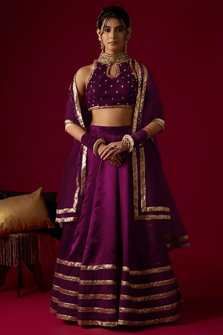 Violet Russian Silk Satin Hand Embroidered Wedding Lehenga Set by Rayasha Khan at Pernia's Pop Up Shop