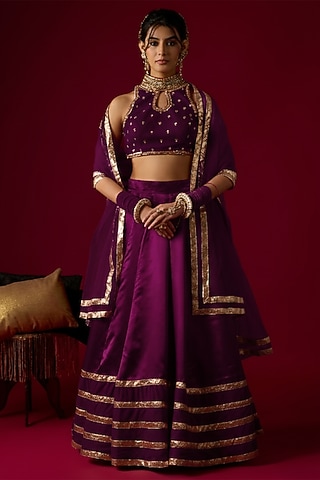 Violet Russian Silk Satin Hand Embroidered Lehenga Set by Rayasha Khan