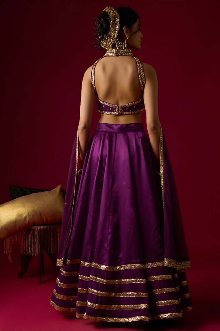 Violet Russian Silk Satin Hand Embroidered Wedding Lehenga Set by Rayasha Khan at Pernia's Pop Up Shop