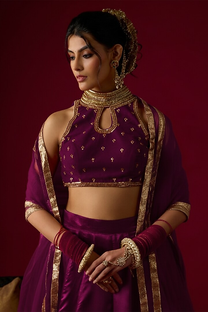 Violet Russian Silk Satin Hand Embroidered Wedding Lehenga Set by Rayasha Khan at Pernia's Pop Up Shop