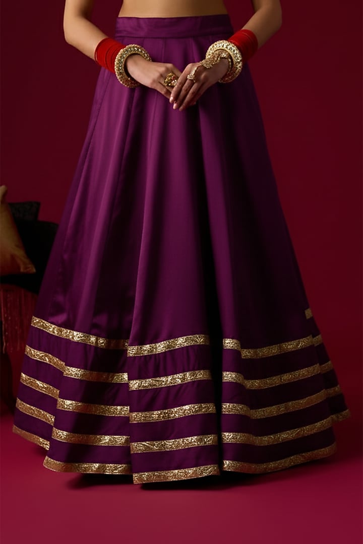 Violet Russian Silk Satin Hand Embroidered Wedding Lehenga Set by Rayasha Khan at Pernia's Pop Up Shop