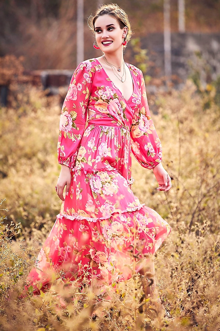 Pink Crepe Georgette Printed Maxi Dress by The Royaleum Atelier