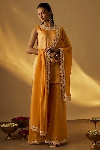 Mango Yellow Zari Sequin Embellished Short Kurta Set by Rayasha Khan