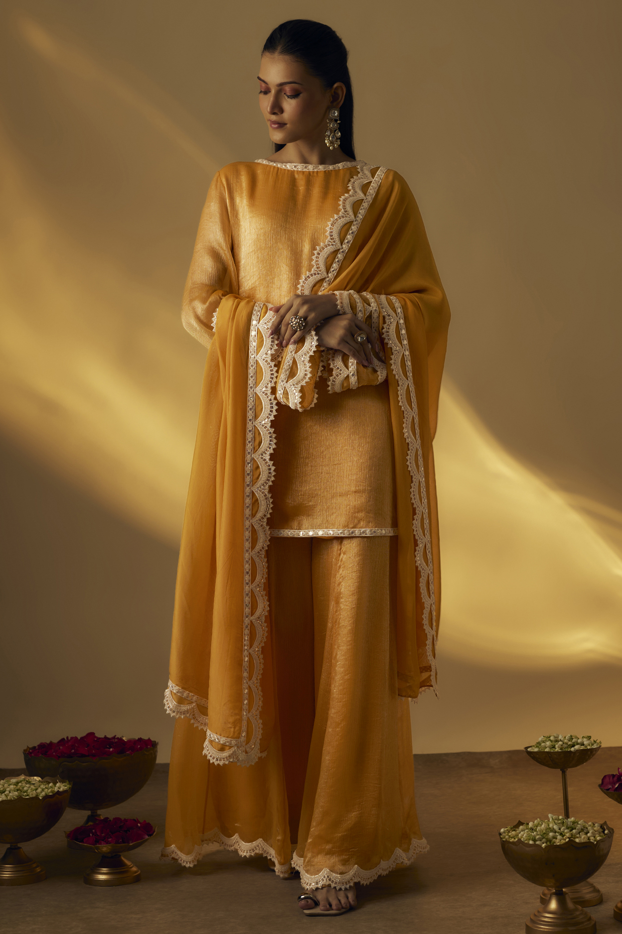 Mango Yellow Zari Sequin Embellished Short Kurta Set by Rayasha Khan at Pernia's Pop Up Shop