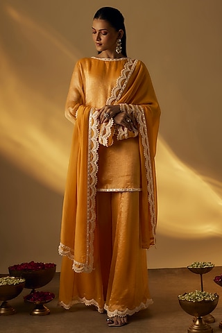 Mango Yellow Zari Sequin Embellished Short Kurta Set by Rayasha Khan