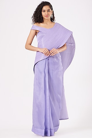 Lilac Handwoven Metallic Yarn Silk Satin Saree by Rimzim Dadu
