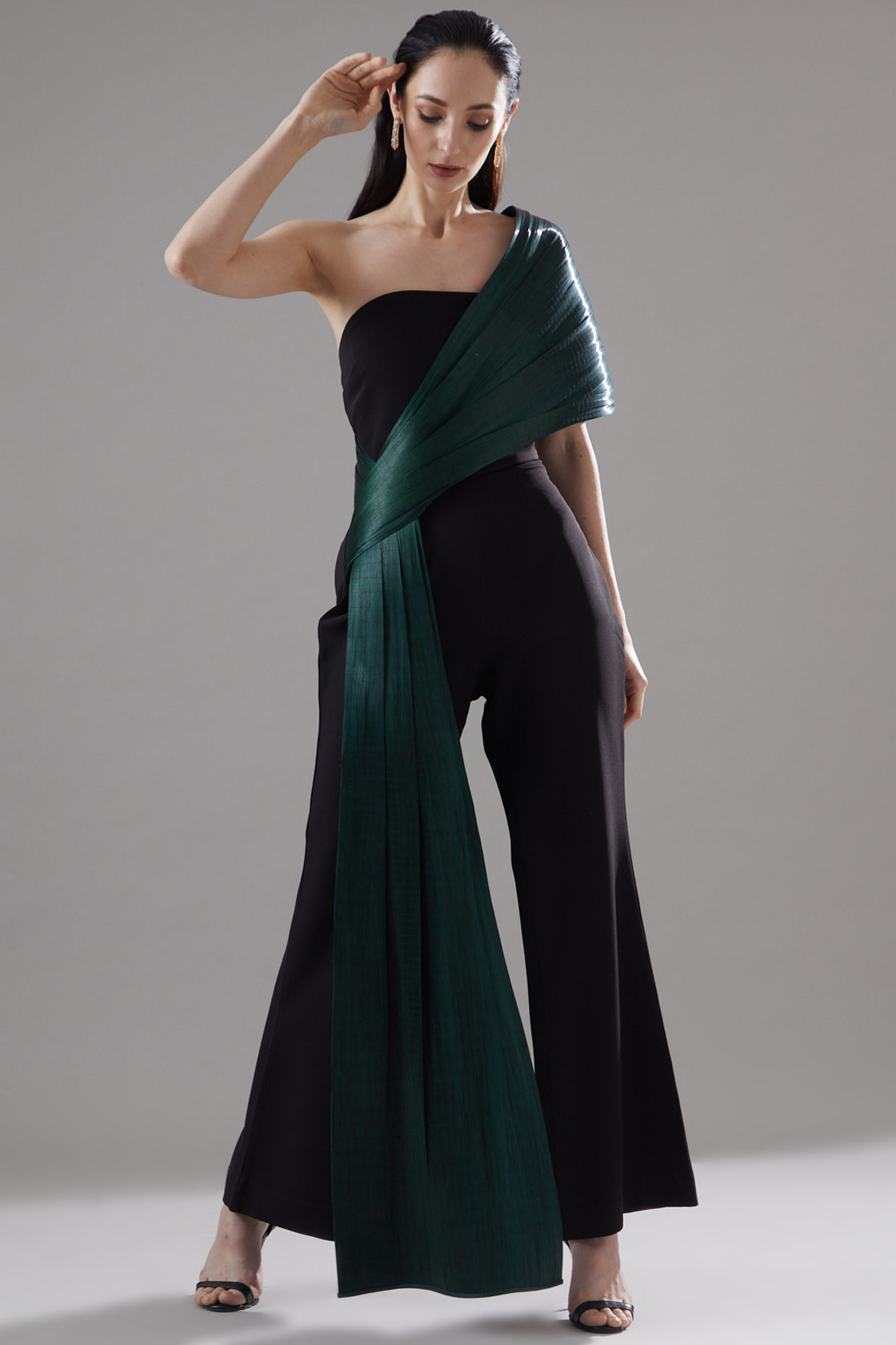 Black Cord Jumpsuit With Draped Tuxedo by Rimzim Dadu at Pernia's Pop Up Shop