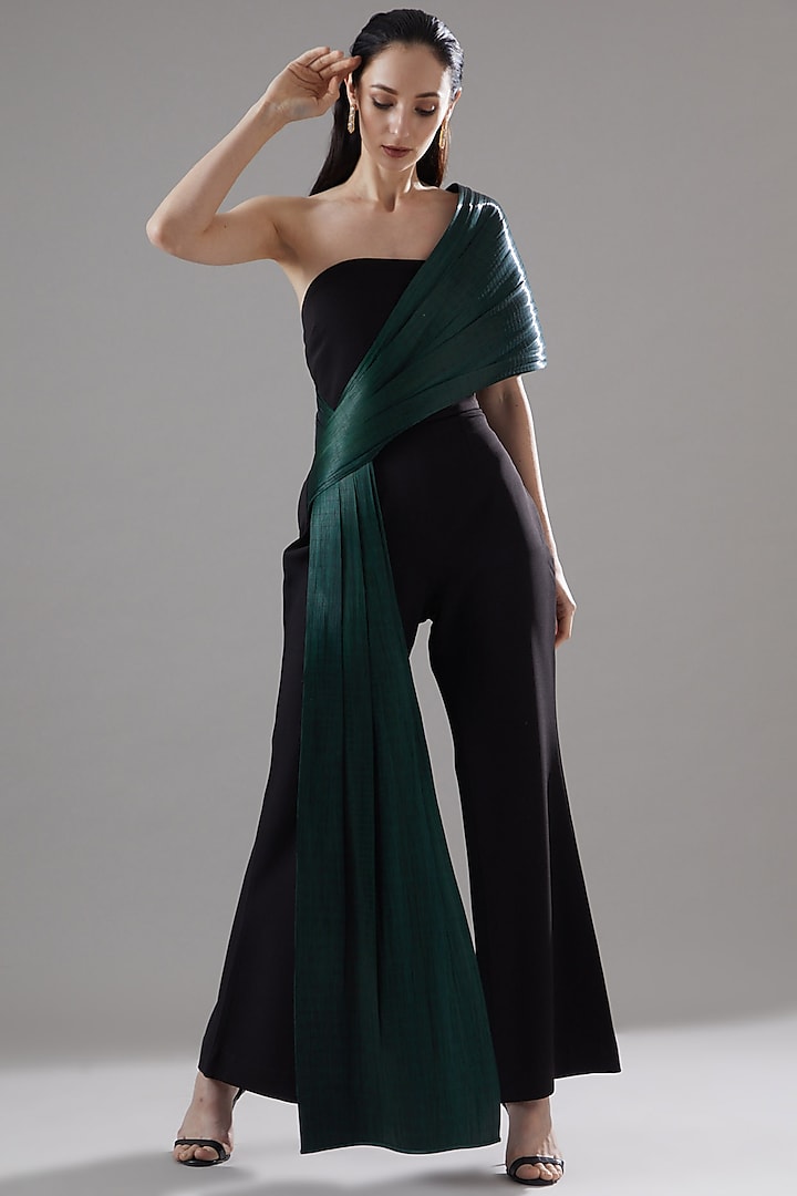 Black Cord Jumpsuit With Draped Tuxedo by Rimzim Dadu at Pernia's Pop Up Shop