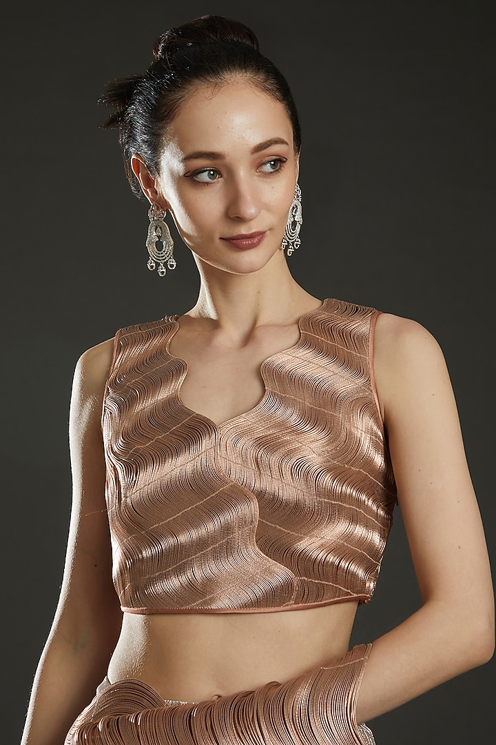 Rose Gold Organza & Lurex Draped Bridal Saree Set by Rimzim Dadu at Pernia's Pop Up Shop