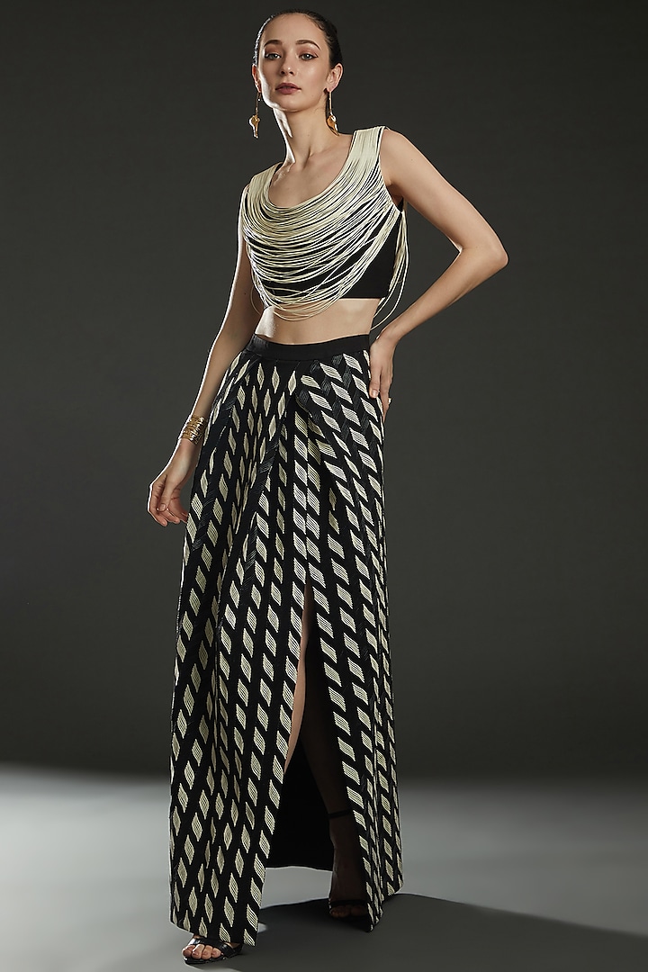 Black & White Cord Chevron Draped Skirt Set by Rimzim Dadu