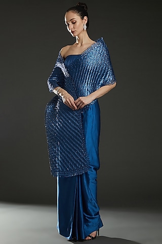 Blue Metallic Cords Handwoven Saree Set by Rimzim Dadu