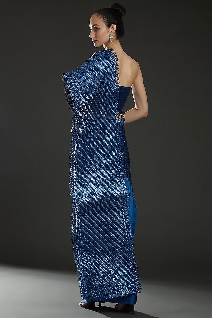 Blue Metallic Cords Handwoven Bridal Saree Set by Rimzim Dadu at Pernia's Pop Up Shop
