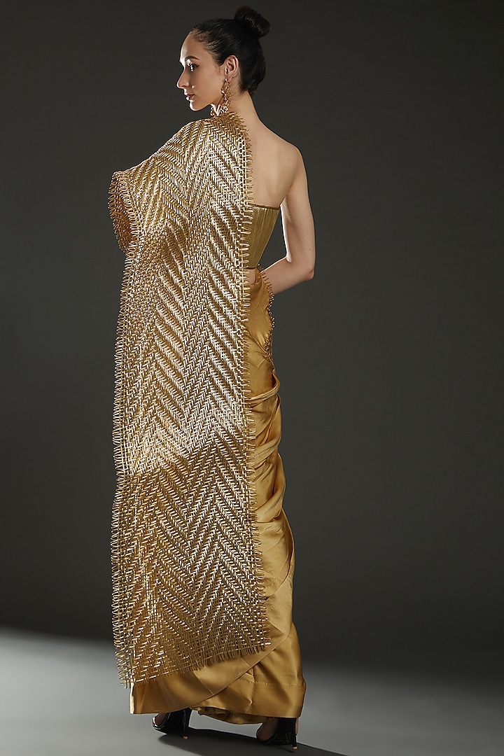 Gold Metallic Cord & Satin Draped Bridal Saree Set by Rimzim Dadu at Pernia's Pop Up Shop