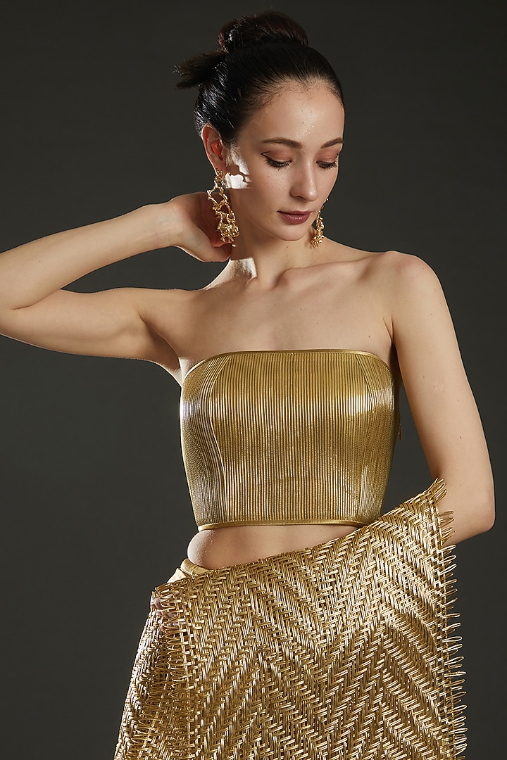 Gold Metallic Cord & Satin Draped Bridal Saree Set by Rimzim Dadu at Pernia's Pop Up Shop