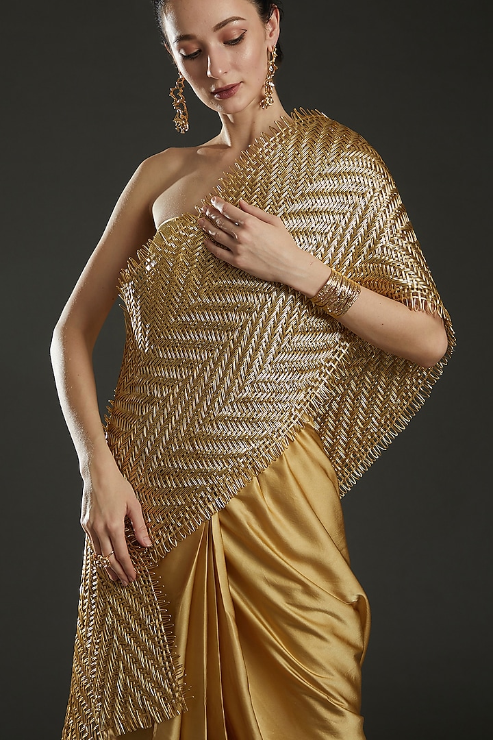Gold Metallic Cord & Satin Draped Bridal Saree Set by Rimzim Dadu at Pernia's Pop Up Shop