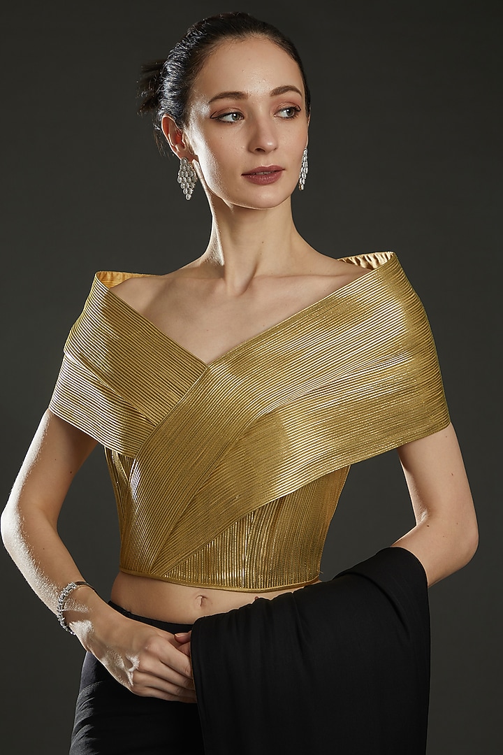 Green Metallic Cord Off-Shoulder Draped Top by Rimzim Dadu at Pernia's Pop Up Shop