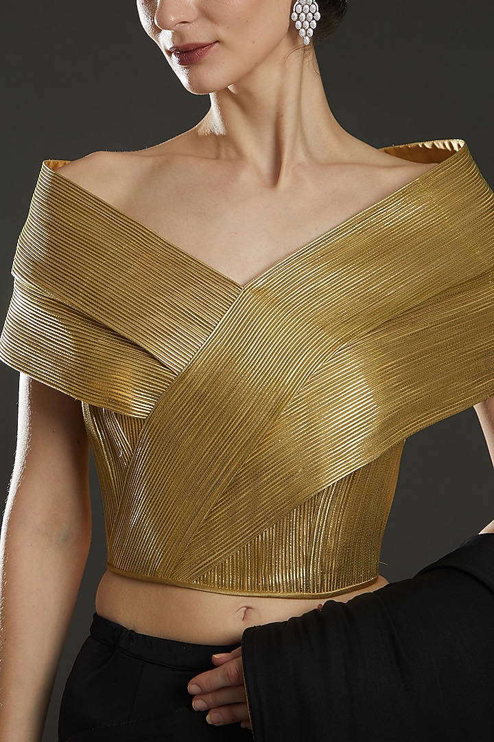 Green Metallic Cord Off-Shoulder Draped Top by Rimzim Dadu at Pernia's Pop Up Shop