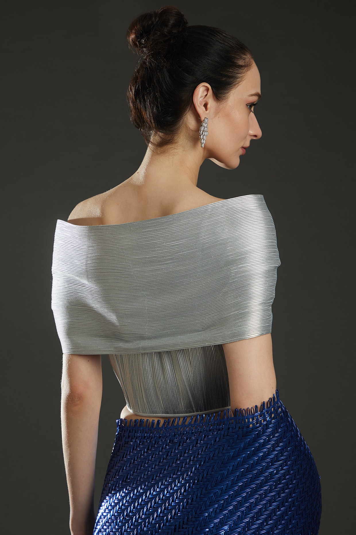 Silver Metallic Cord Off-Shoulder Draped Top by Rimzim Dadu at