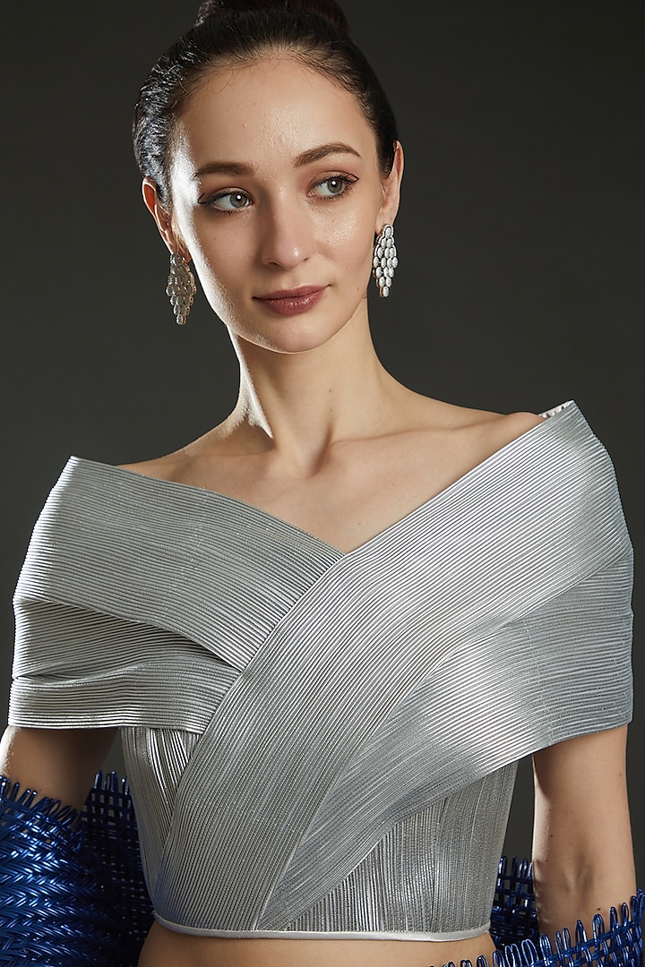 Silver Metallic Cord Off-Shoulder Draped Top by Rimzim Dadu at Pernia's Pop Up Shop