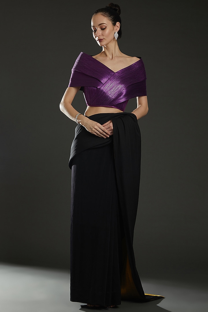 Purple Metallic Cord Off-Shoulder Draped Top by Rimzim Dadu