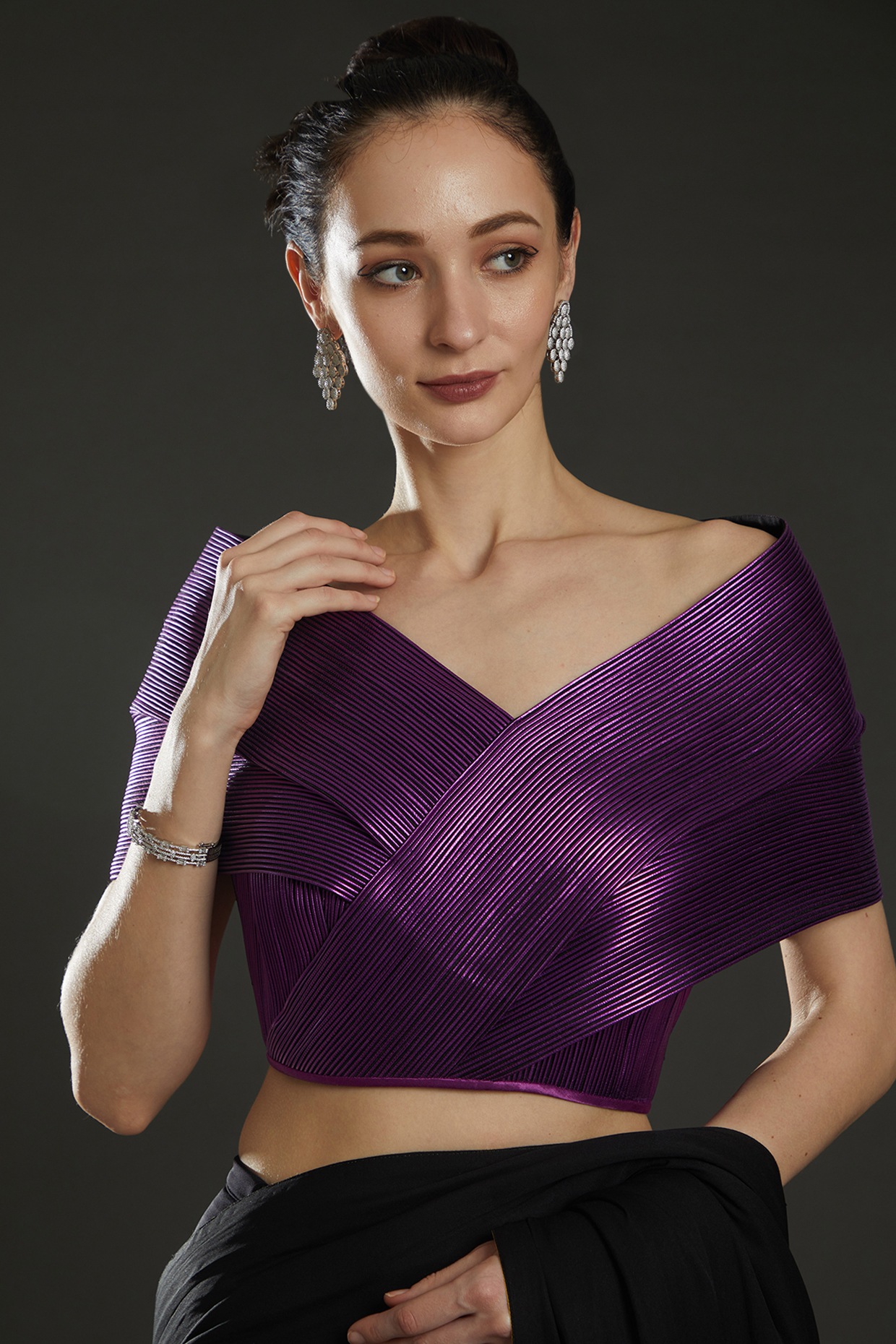 PPFM - drape top 弐 Purple Metallic Cord Off-Shoulder Draped Top by Rimzim Dadu