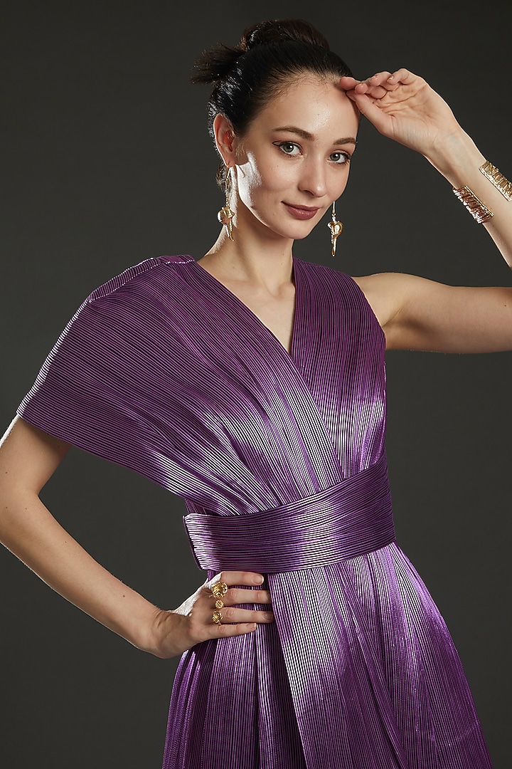 Purple Metallic Draped Bustier Party Wear Dress by Rimzim Dadu at Pernia's Pop Up Shop