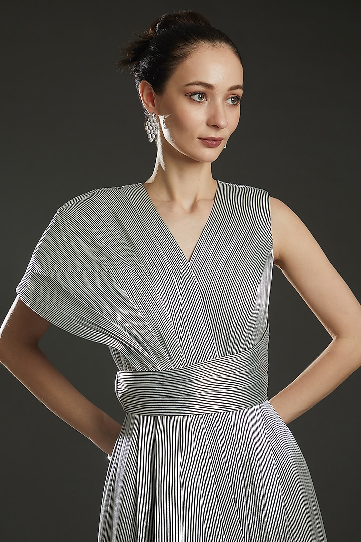 Silver Metallic Draped Bustier Party Wear Dress by Rimzim Dadu at Pernia's Pop Up Shop
