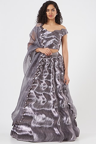 Gunmetal Metallic Corded Lehenga Set by Rimzim Dadu