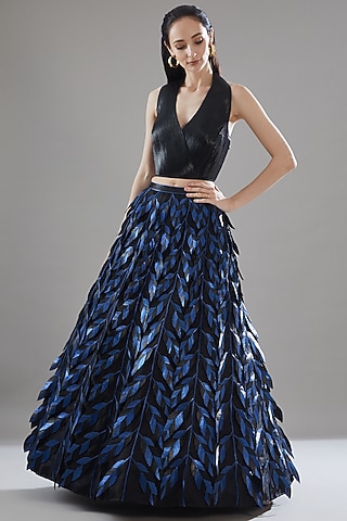 Black Organza Leaf Drop Lehenga Set by Rimzim Dadu