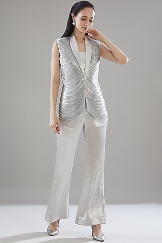 Silver Organza & Satin Jumpsuit With Jacket by Rimzim Dadu