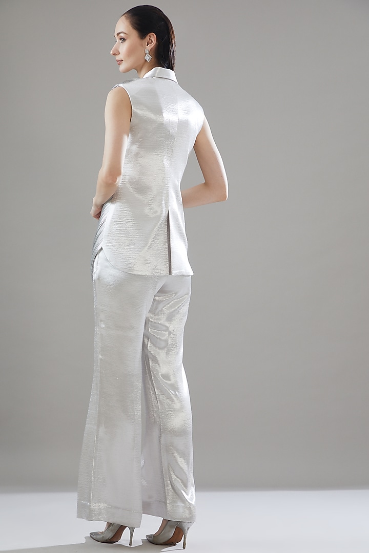 Silver Organza & Satin Jumpsuit With Jacket by Rimzim Dadu at Pernia's Pop Up Shop