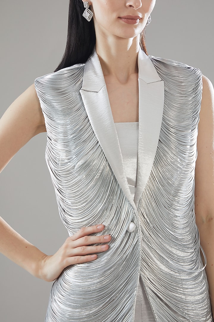 Silver Organza & Satin Jumpsuit With Jacket by Rimzim Dadu at Pernia's Pop Up Shop