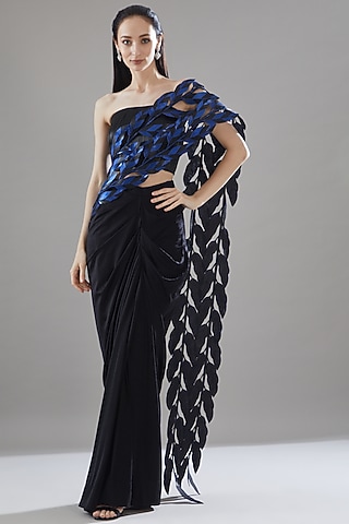 Black Jersey & Leather Cord Leaf Draped Saree Set by Rimzim Dadu