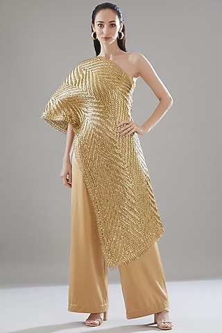 Gold Cotton & Leather Cord Pant Set by Rimzim Dadu