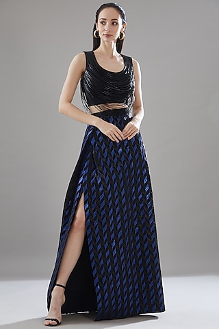 Black Leather Cord Embroidered Skirt Set by Rimzim Dadu