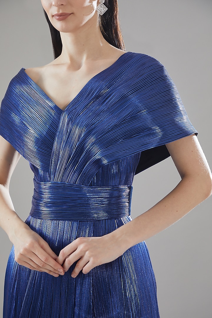 Blue Leather Cord Panel Draped Party Wear Dress by Rimzim Dadu at Pernia's Pop Up Shop