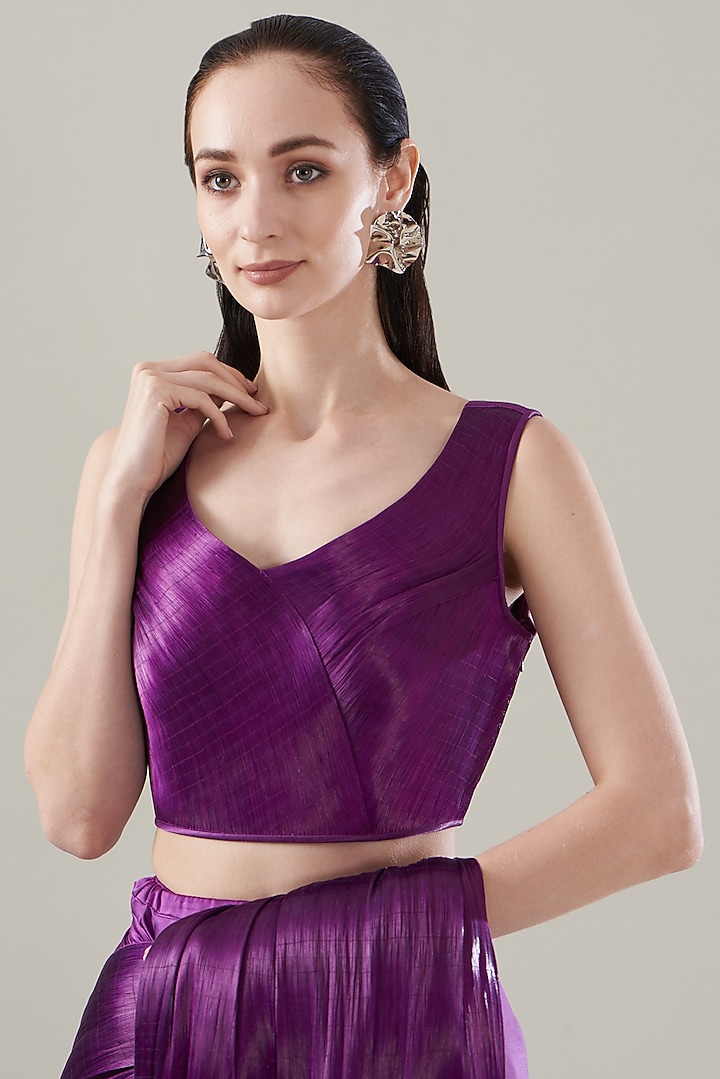 Purple Satin & Metal Wire Bridal Saree Set by Rimzim Dadu at Pernia's Pop Up Shop