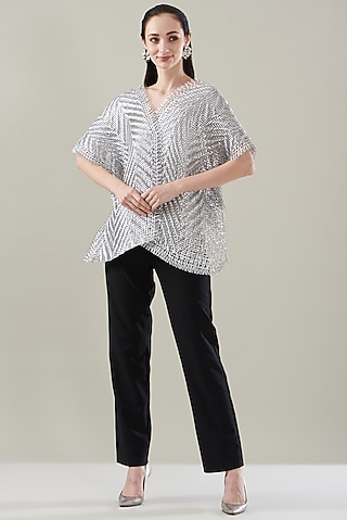 Silver Organza & Metallic Cord Embroidered Cape by Rimzim Dadu