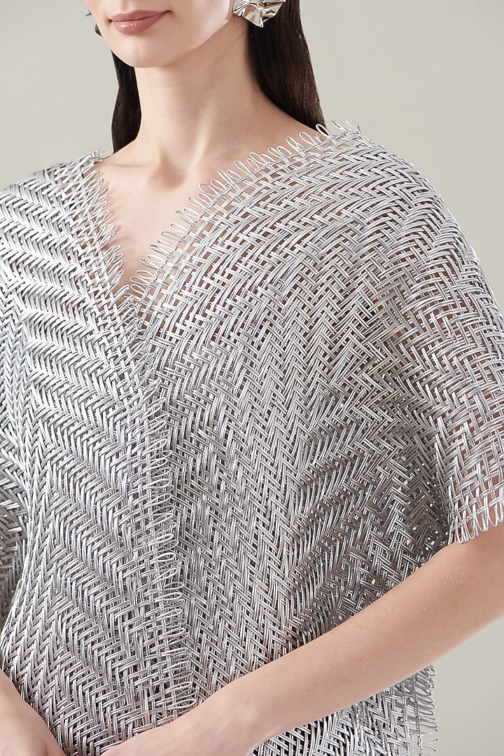 Silver Organza & Metallic Cord Embroidered Cape by Rimzim Dadu at Pernia's Pop Up Shop
