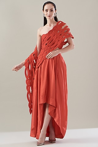 Orange Organza & Metal Wire Draped Saree Set by Rimzim Dadu