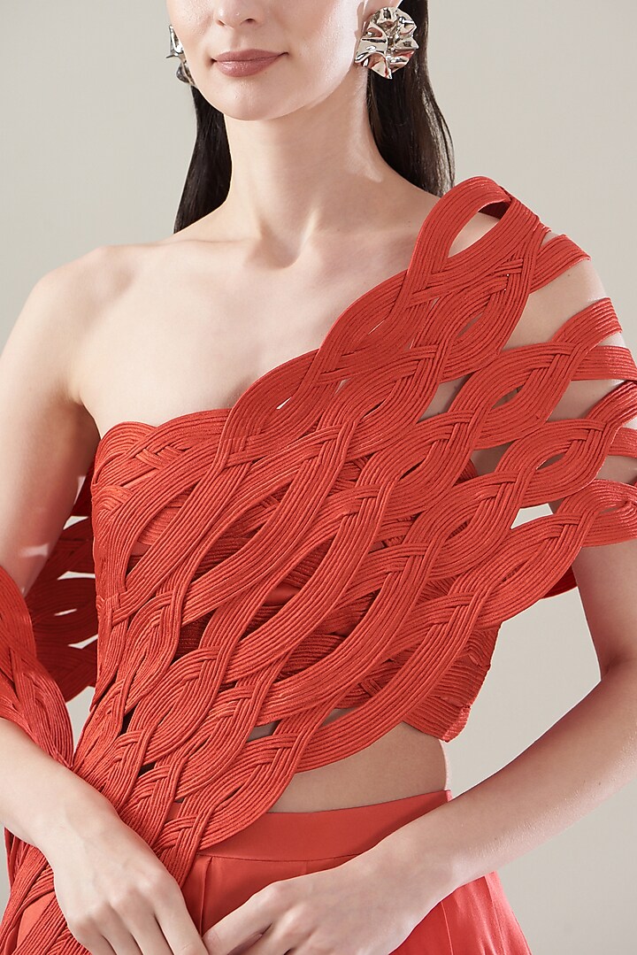 Orange Organza & Metal Wire Draped Bridal Saree Set by Rimzim Dadu at Pernia's Pop Up Shop