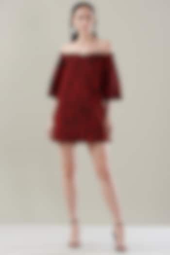 Red & Black Chiffon Cord Off-Shoulder Dress by Rimzim Dadu