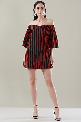 Red & Black Chiffon Cord Off-Shoulder Dress by Rimzim Dadu