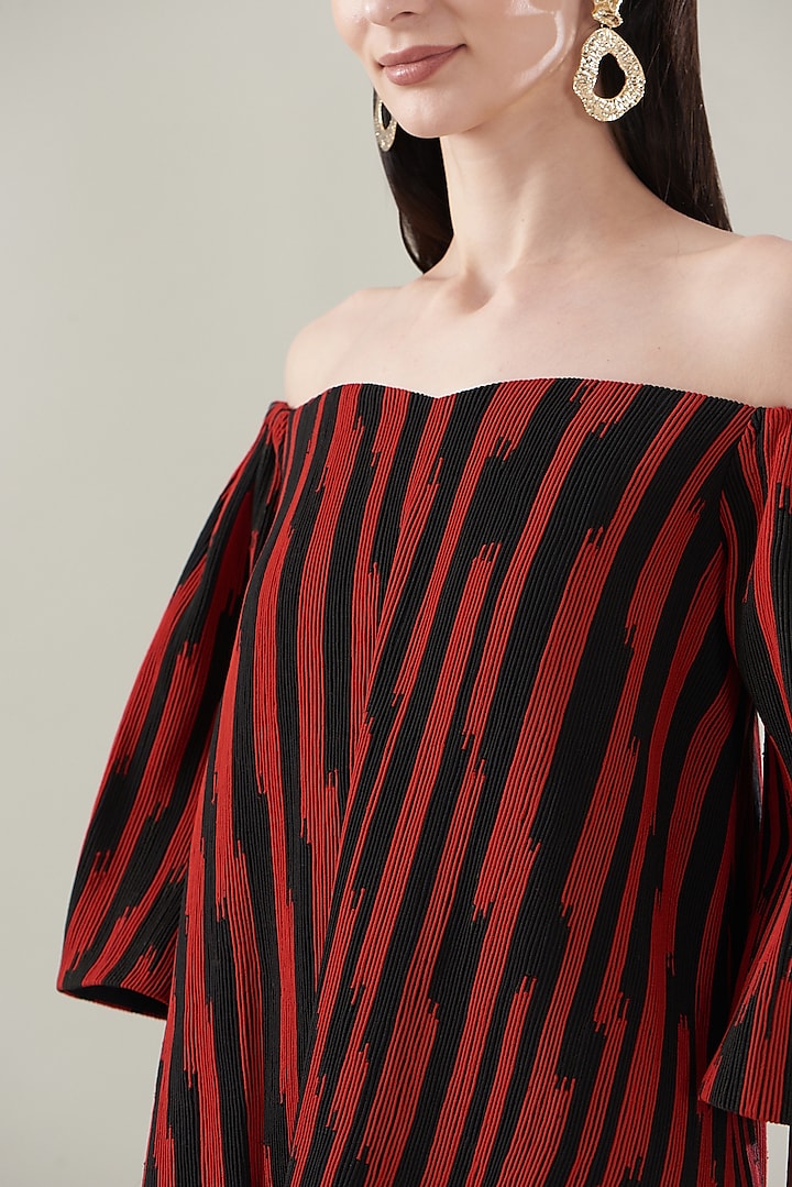 Red & Black Chiffon Cord Off-Shoulder Party Wear Dress by Rimzim Dadu at Pernia's Pop Up Shop