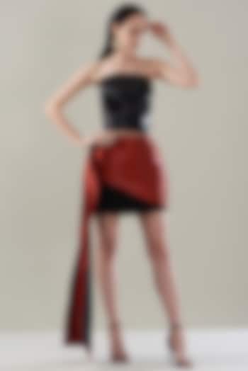 Red Satin & Metallic Yarn Draped Skirt Set by Rimzim Dadu