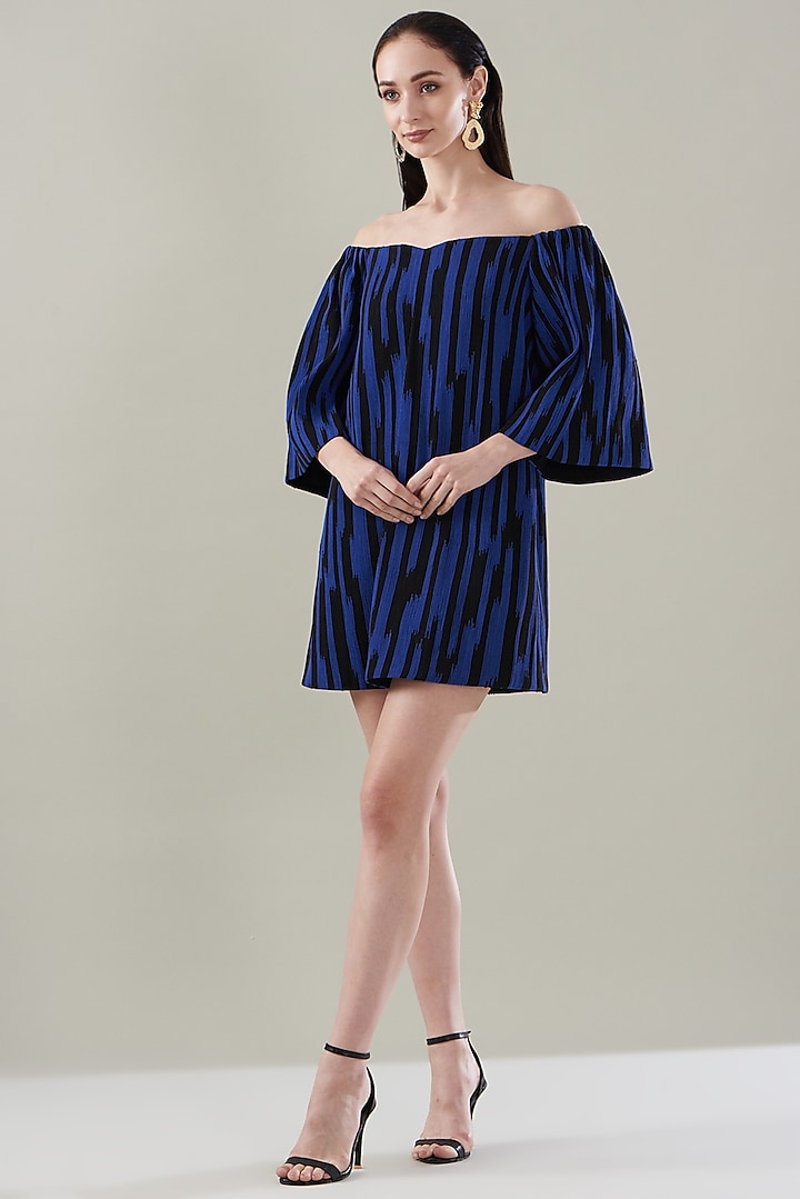 Blue Satin & Chiffon Cord Off-Shoulder Dress by Rimzim Dadu at Pernia's Pop Up Shop